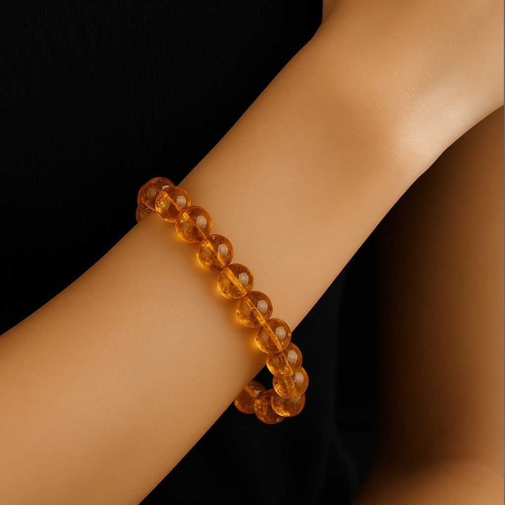 Natural Yellow Asai Crystal Pyramid Round Bead Bracelet
