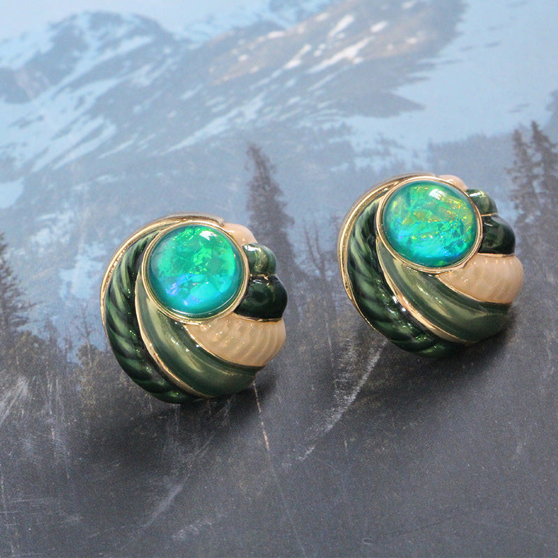 Green Opal Enamel Earrings – Swirling Shell Design with a Touch of Gold