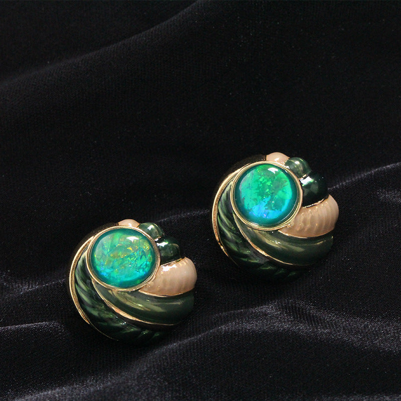 Green Opal Enamel Earrings – Swirling Shell Design with a Touch of Gold