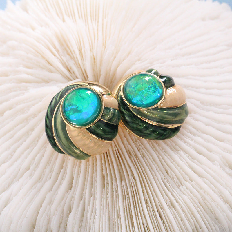 Green Opal Enamel Earrings – Swirling Shell Design with a Touch of Gold