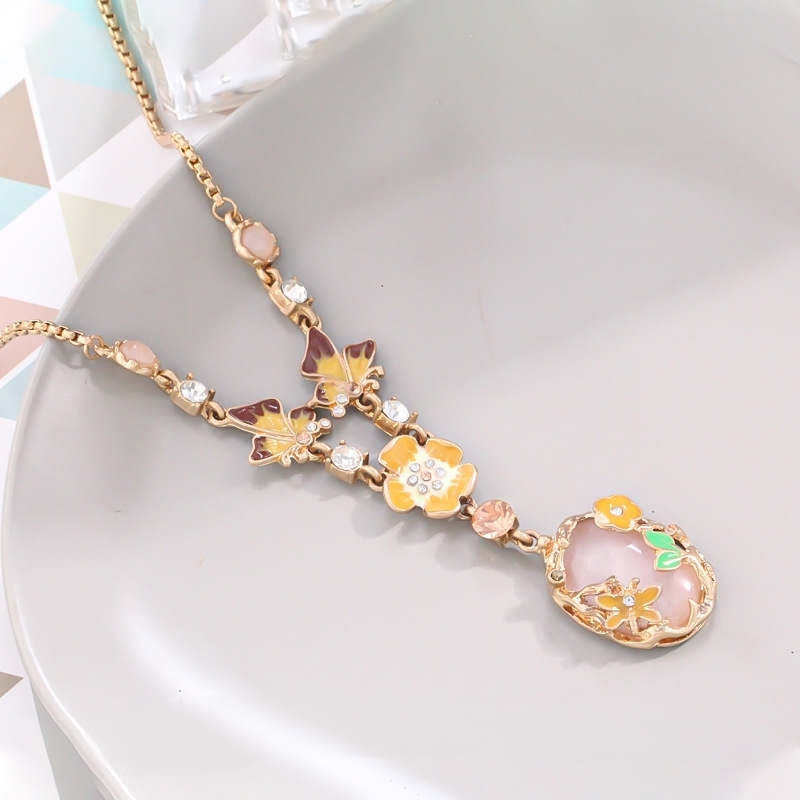 Enamel Butterfly and Floral Necklace – Artistic Monet-Inspired Design with Enamel and Crystal Accents
