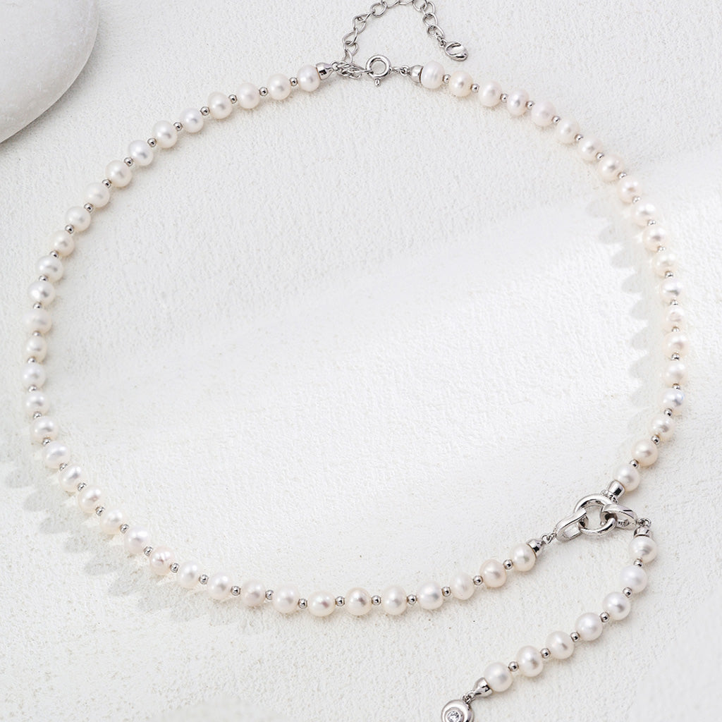 S925 Sterling Silver Natural Pearl Zirconia Necklace