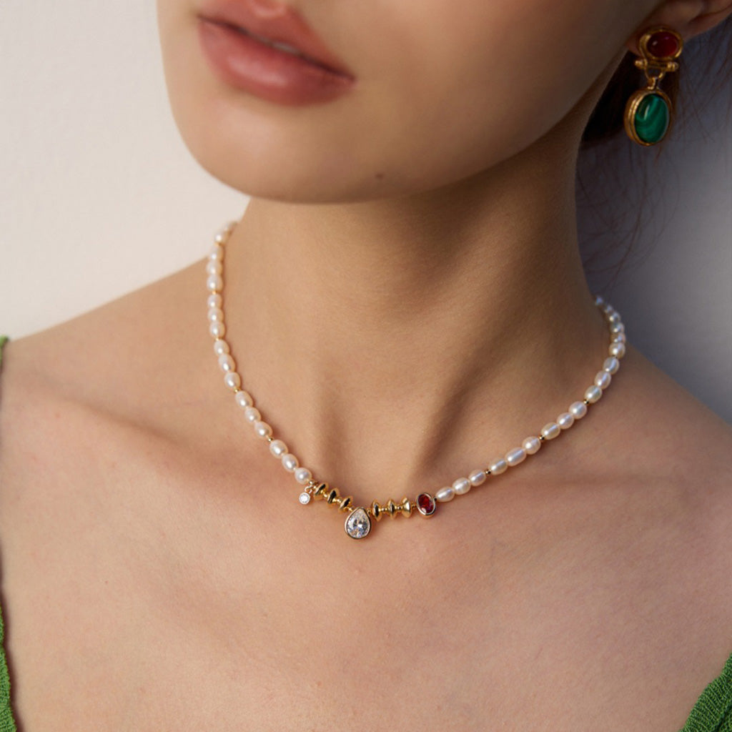 S925 Silver Vintage Pendant Necklace with Natural Pearls & Zircon