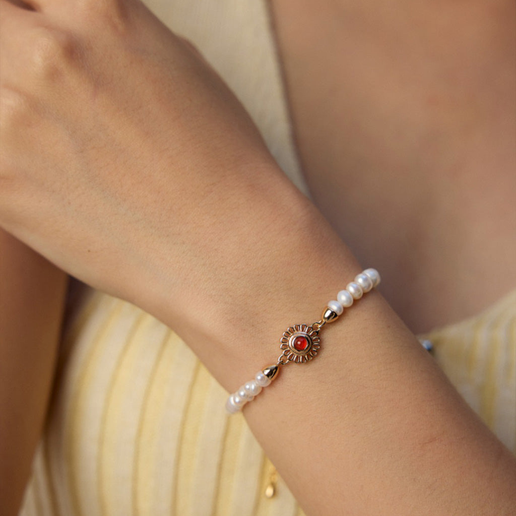 S925 Sterling Silver Pearl & Onyx/Garnet Bracelet