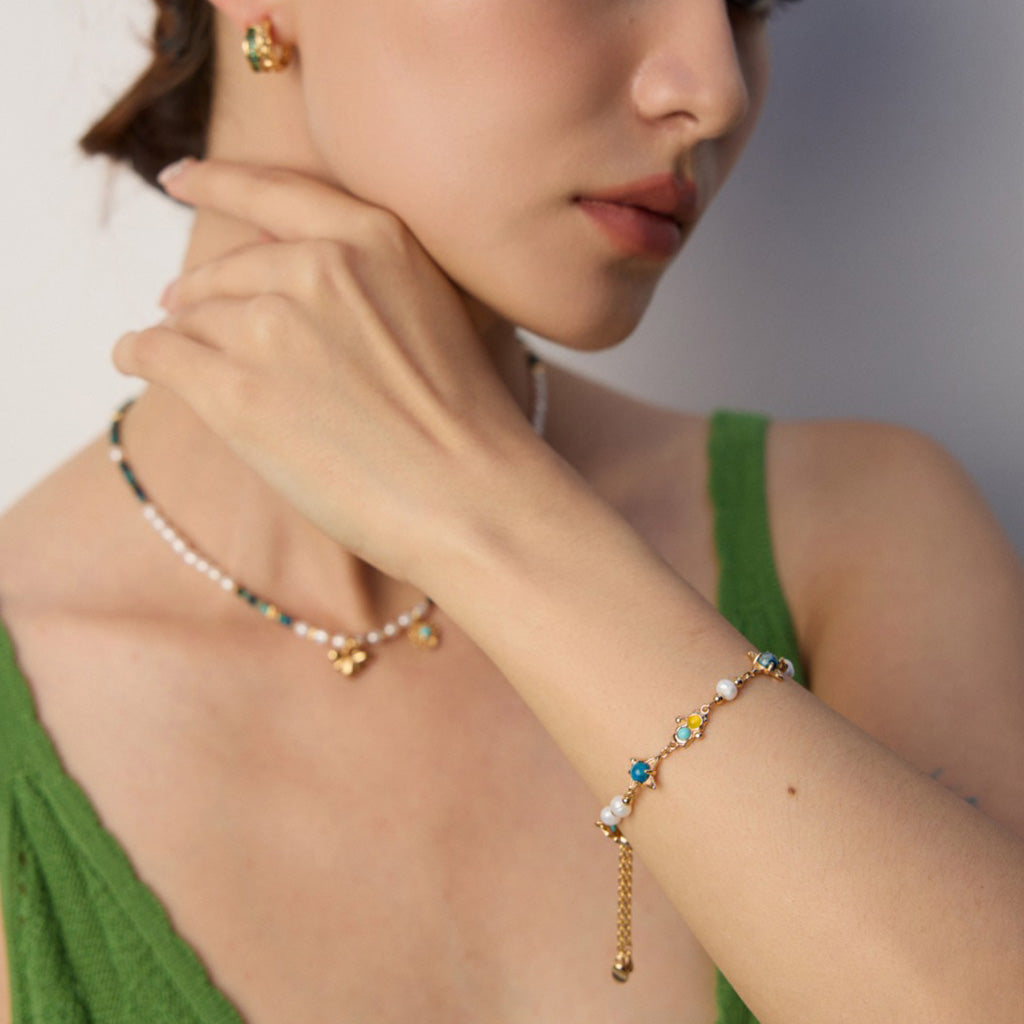 Vintage Turquoise & Agate Pearl Bracelet – S925 Sterling Silver