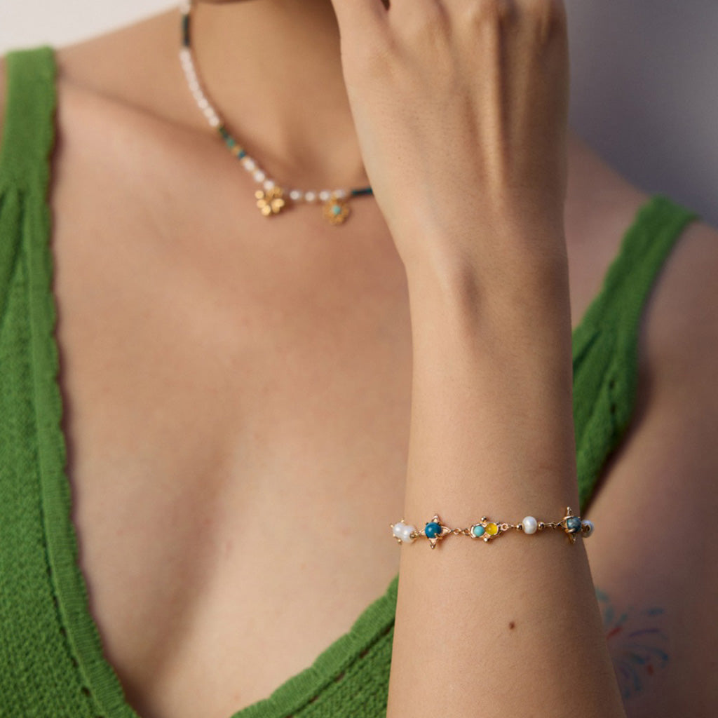 Vintage Turquoise & Agate Pearl Bracelet – S925 Sterling Silver