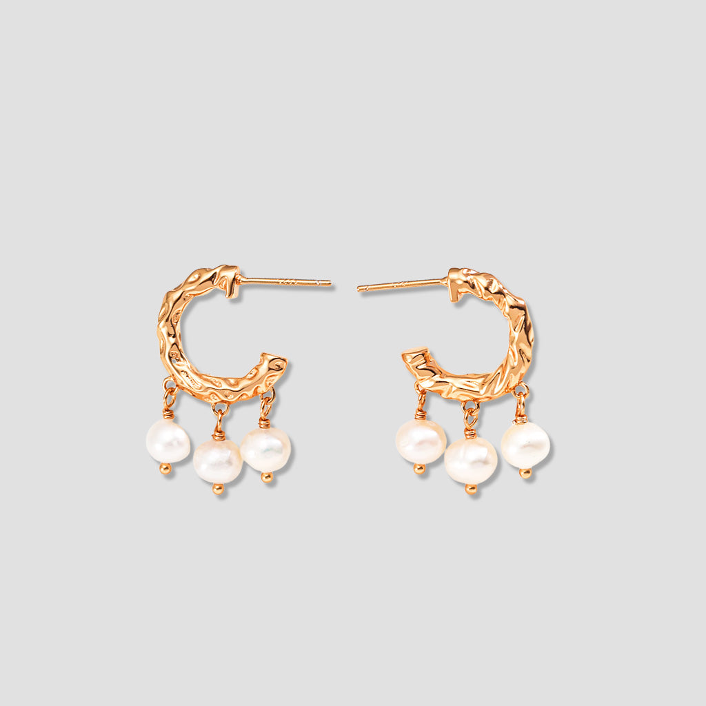 Textured Gold Hoop Pearl Earrings – S925 Statement Vintage Style