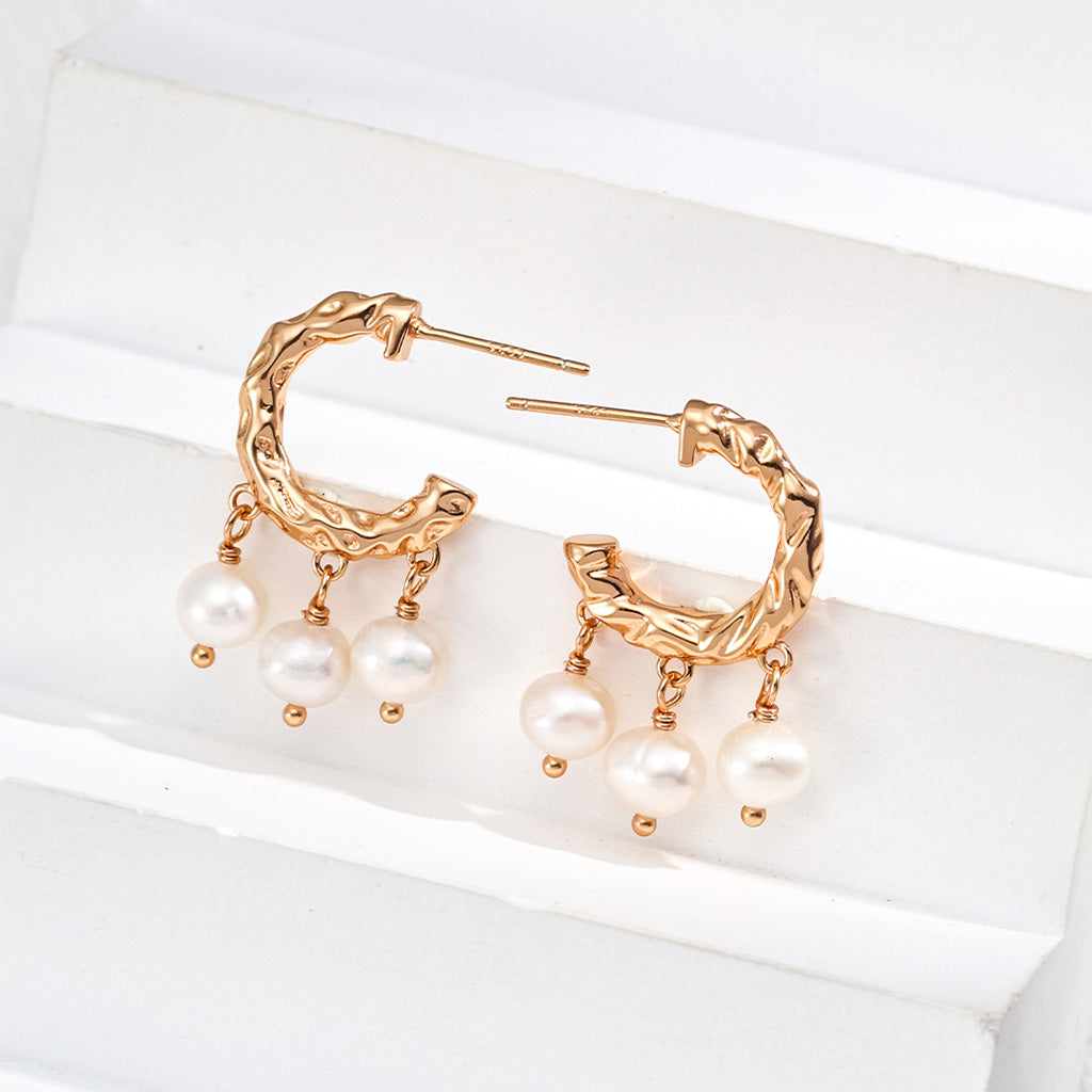 Textured Gold Hoop Pearl Earrings – S925 Statement Vintage Style