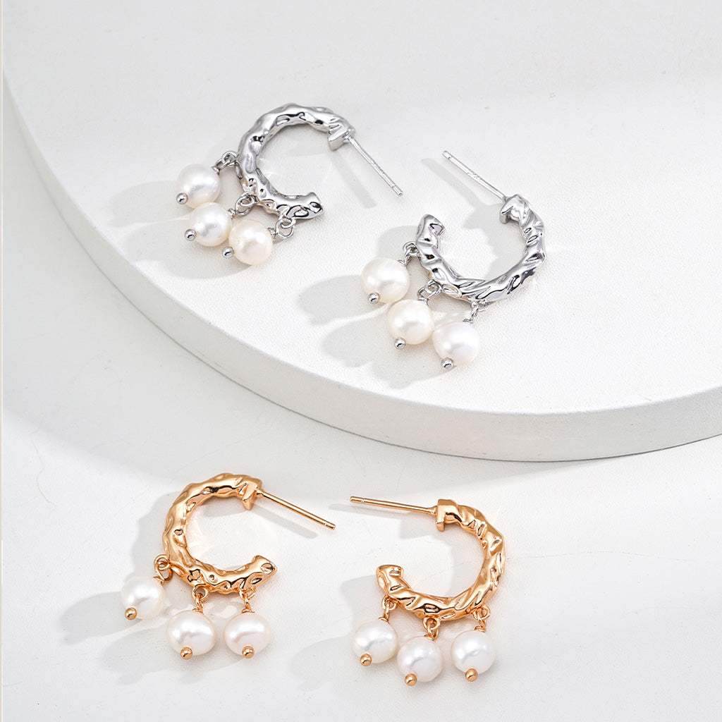 Textured Gold Hoop Pearl Earrings – S925 Statement Vintage Style