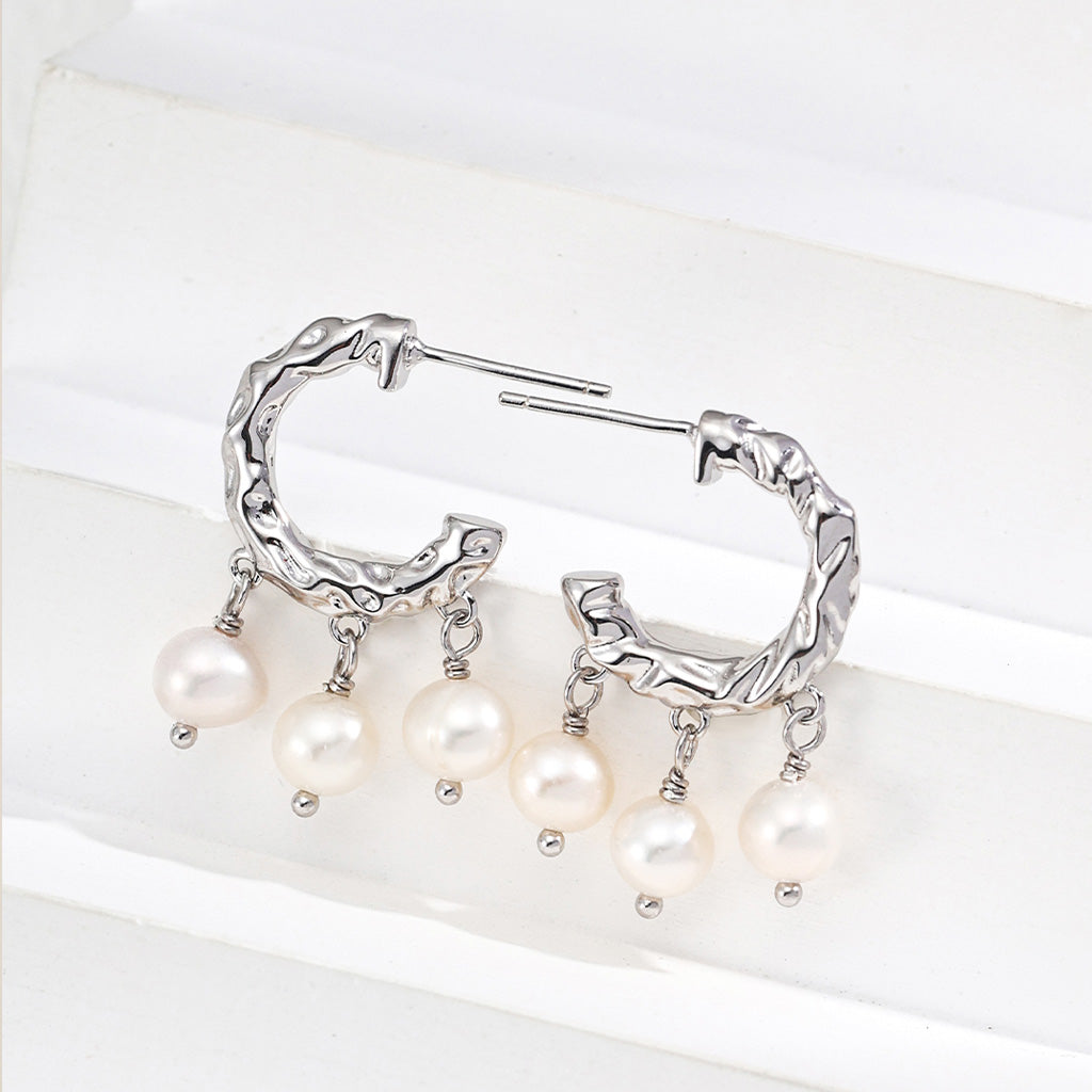 Textured Gold Hoop Pearl Earrings – S925 Statement Vintage Style