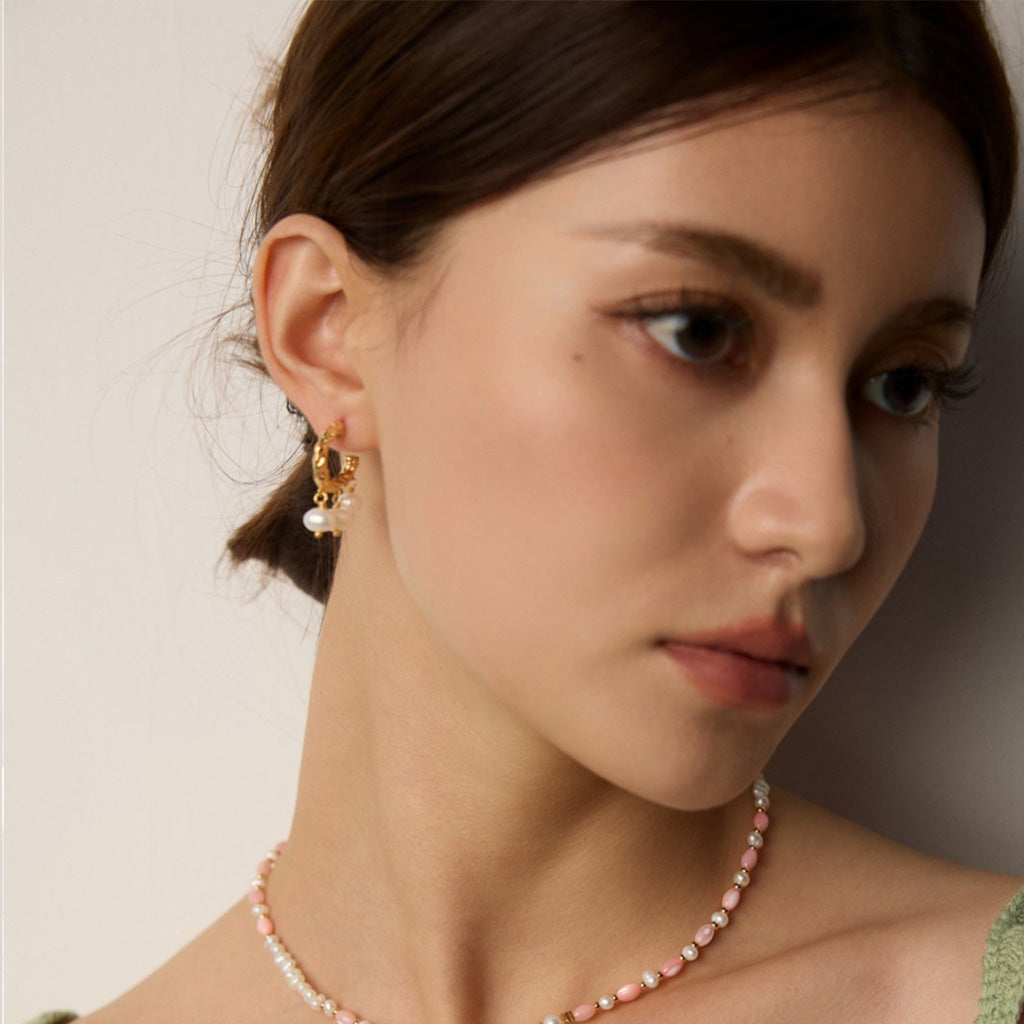 Textured Gold Hoop Pearl Earrings – S925 Statement Vintage Style