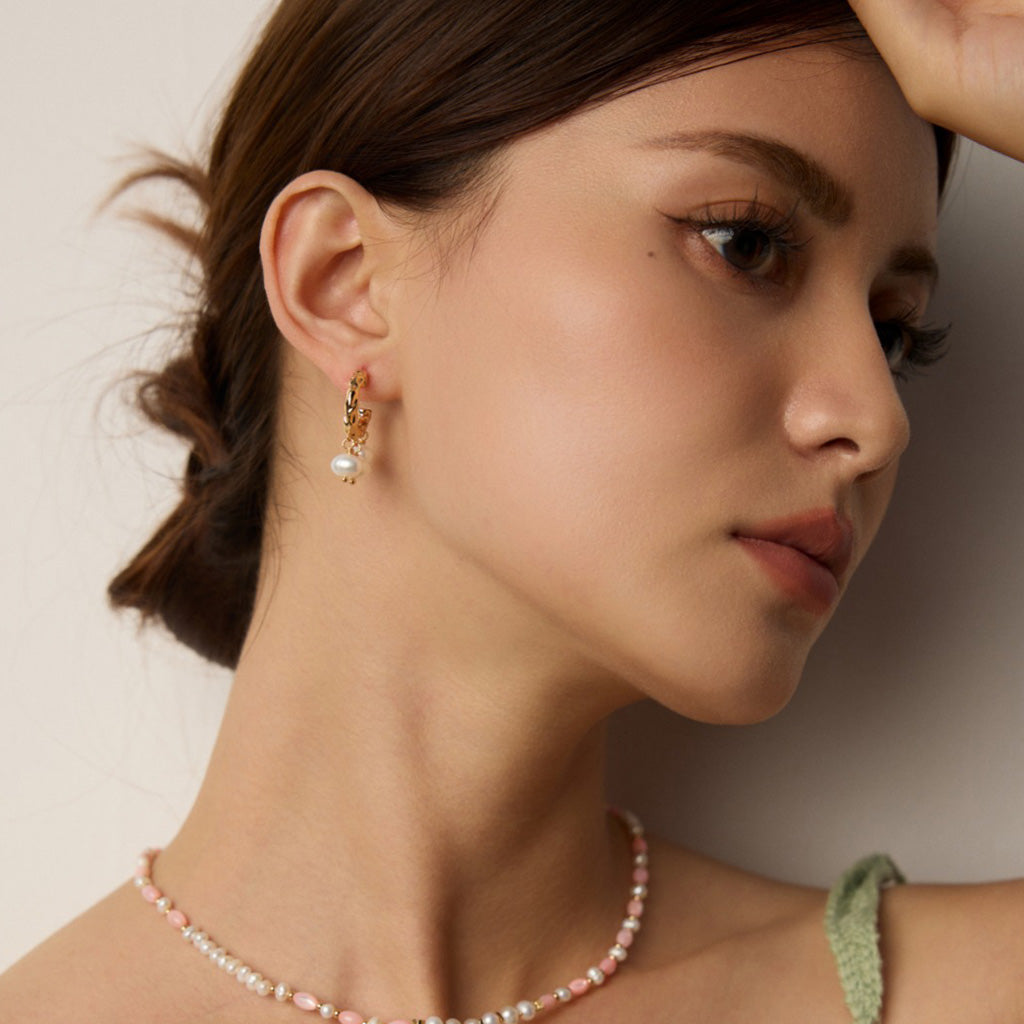 Textured Gold Hoop Pearl Earrings – S925 Statement Vintage Style