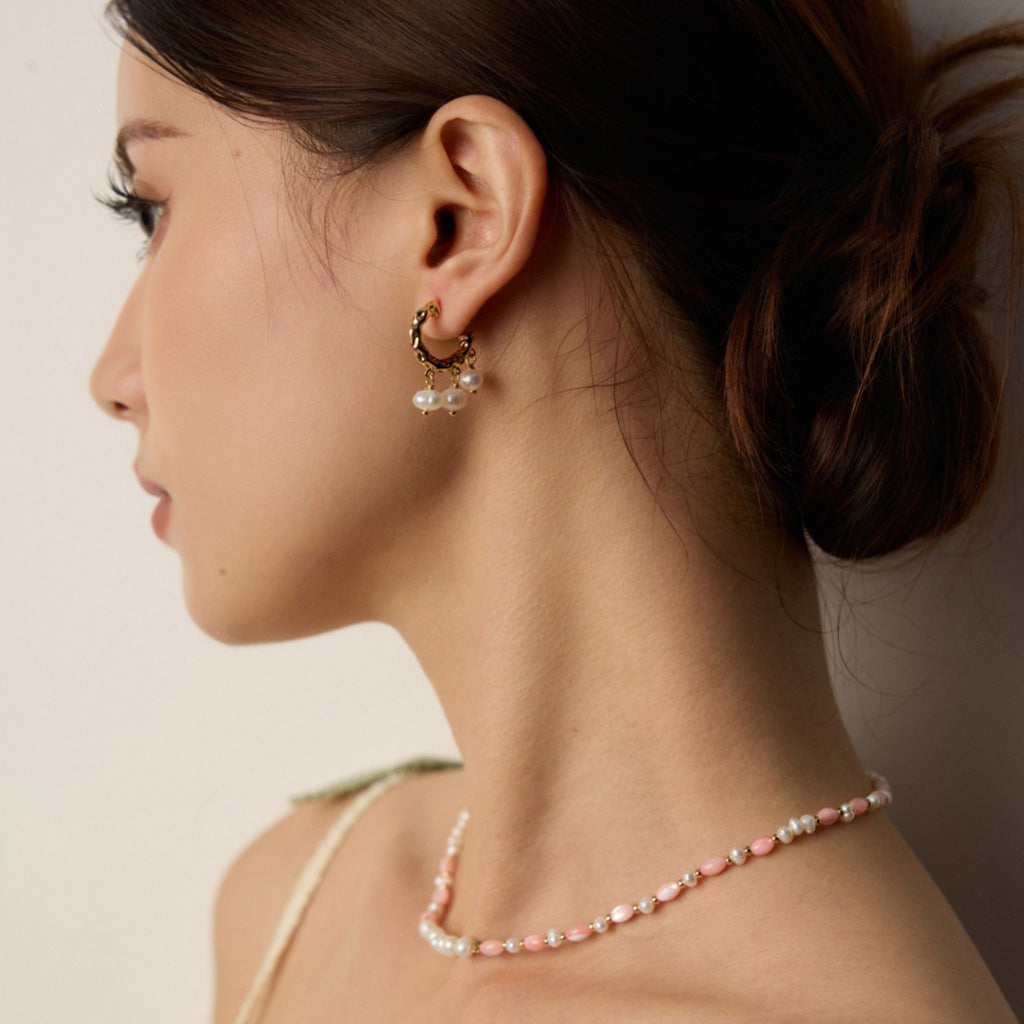 Textured Gold Hoop Pearl Earrings – S925 Statement Vintage Style