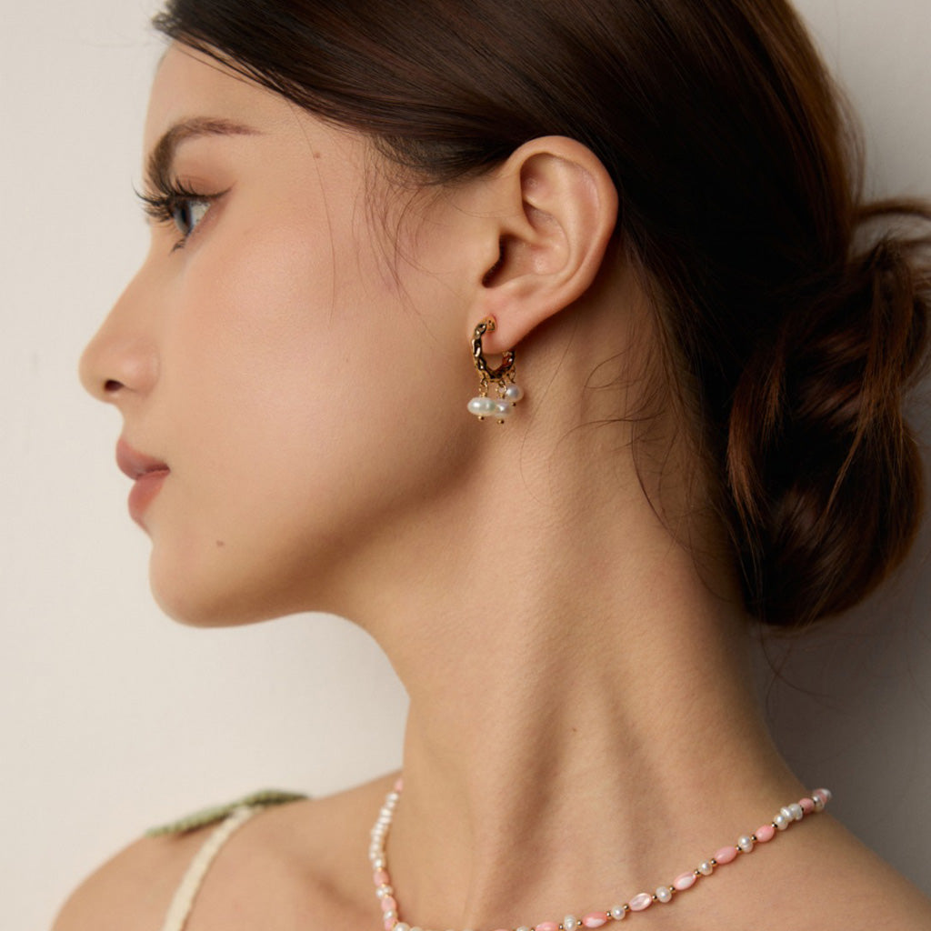 Textured Gold Hoop Pearl Earrings – S925 Statement Vintage Style
