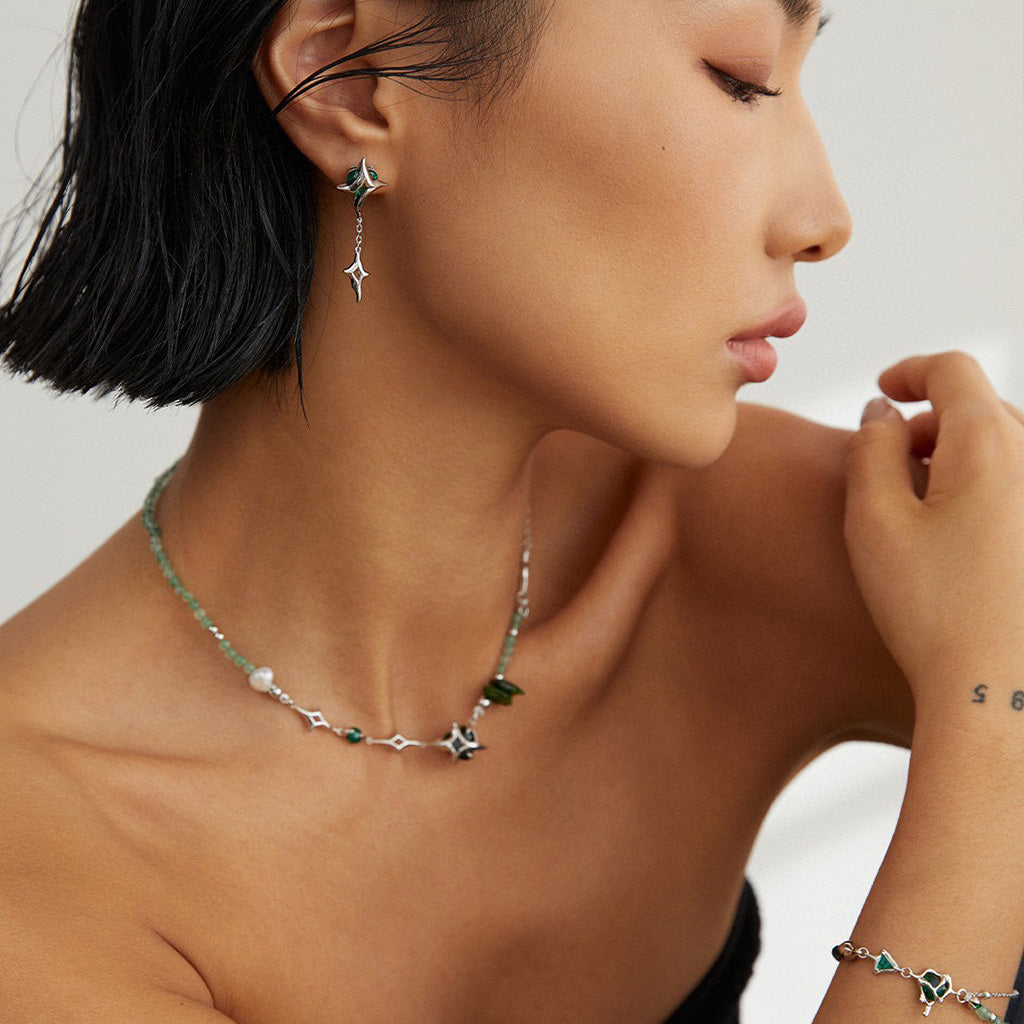 Four-Point Star Sterling Silver Necklace with Green Gemstones