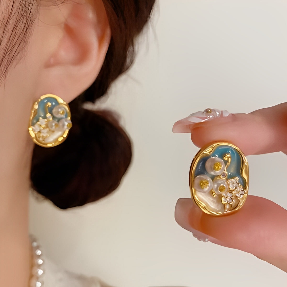 Monet oil painting flower earrings Pearl luxury earrings