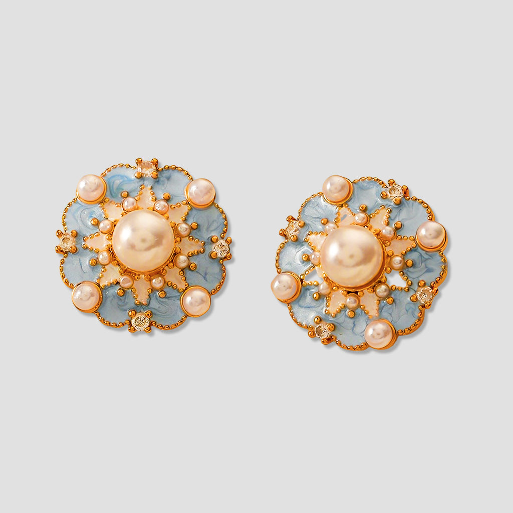Elegant Pearl Enamel Flower Earrings – Light Luxury with Vintage Charm