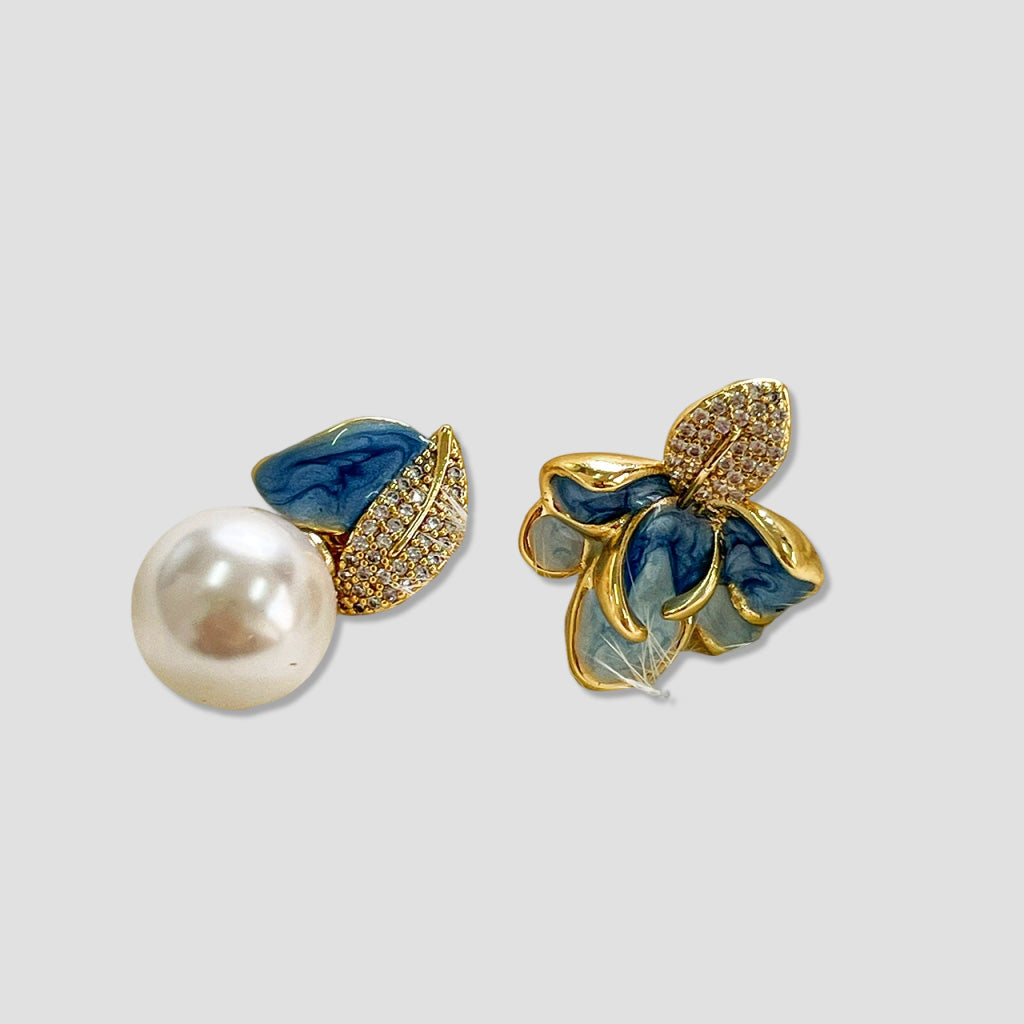 Denise Enamel Asymmetrical Earrings – Elegant Floral Design with Pearl & Crystal Accents