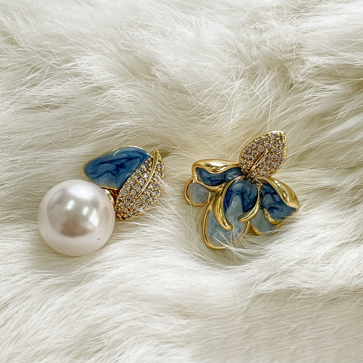 Denise Enamel Asymmetrical Earrings – Elegant Floral Design with Pearl & Crystal Accents