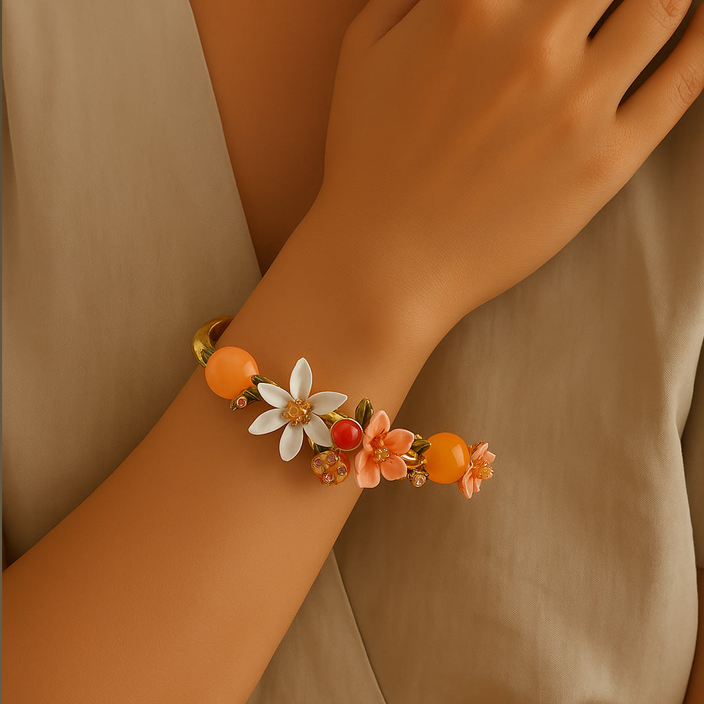 Floral Enamel Open Bracelet – Retro Chic Design with Vibrant Blossom Accents