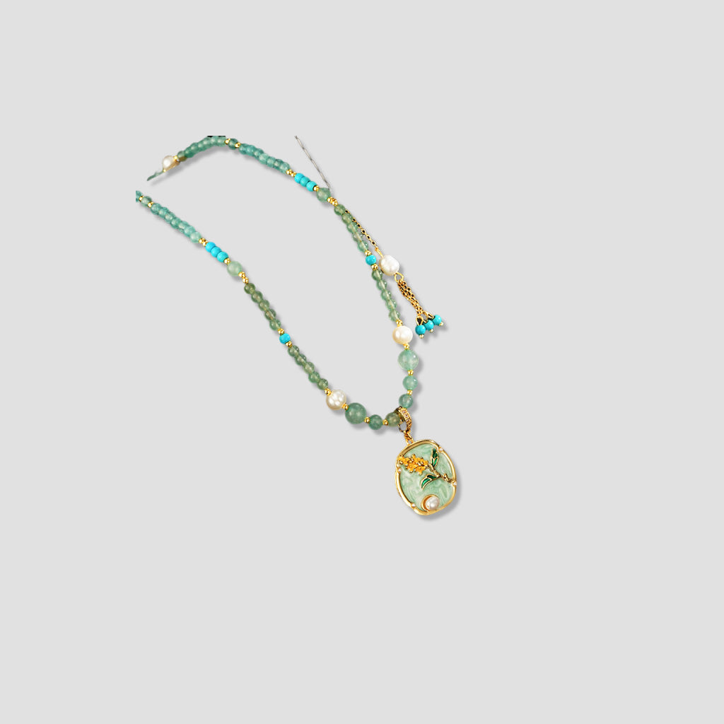 Floral Glazed Pendant Necklace – Elegant Floral Design with Jade, Pearls, and Turquoise Accents