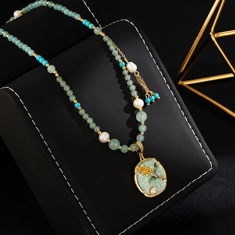 Floral Glazed Pendant Necklace – Elegant Floral Design with Jade, Pearls, and Turquoise Accents