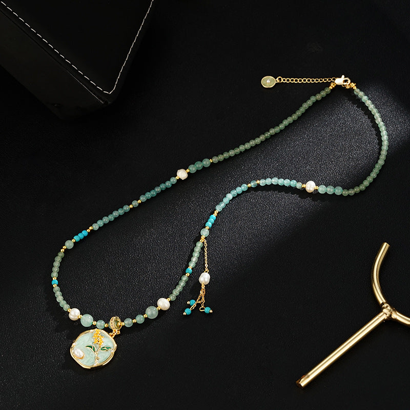 Floral Glazed Pendant Necklace – Elegant Floral Design with Jade, Pearls, and Turquoise Accents
