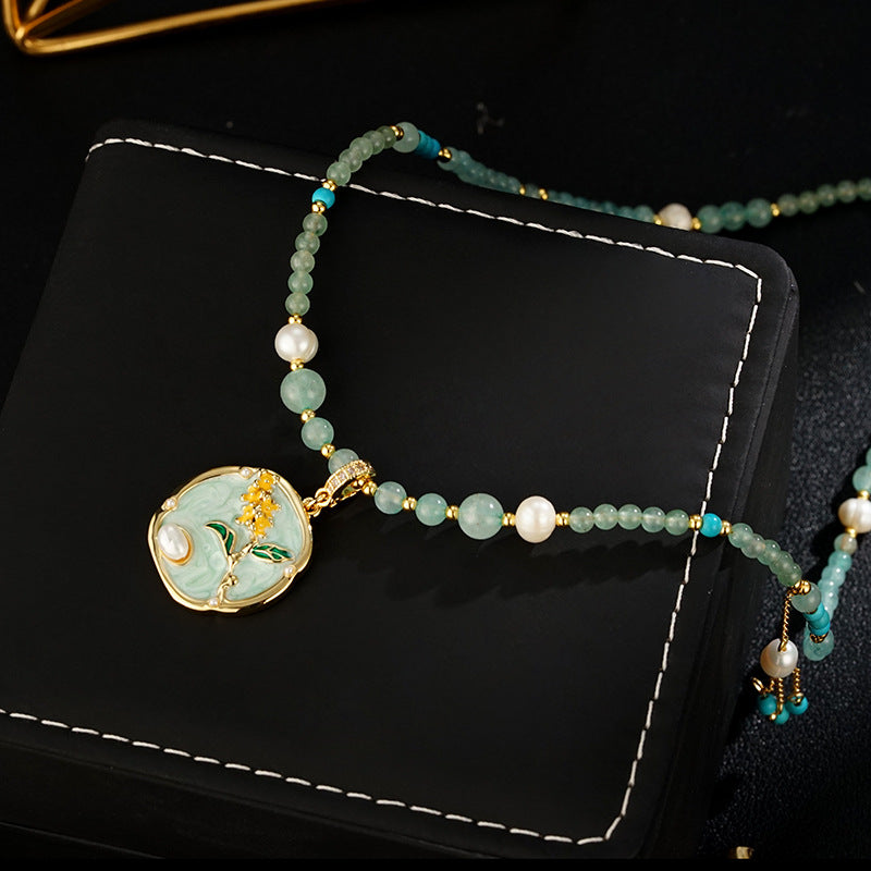 Floral Glazed Pendant Necklace – Elegant Floral Design with Jade, Pearls, and Turquoise Accents
