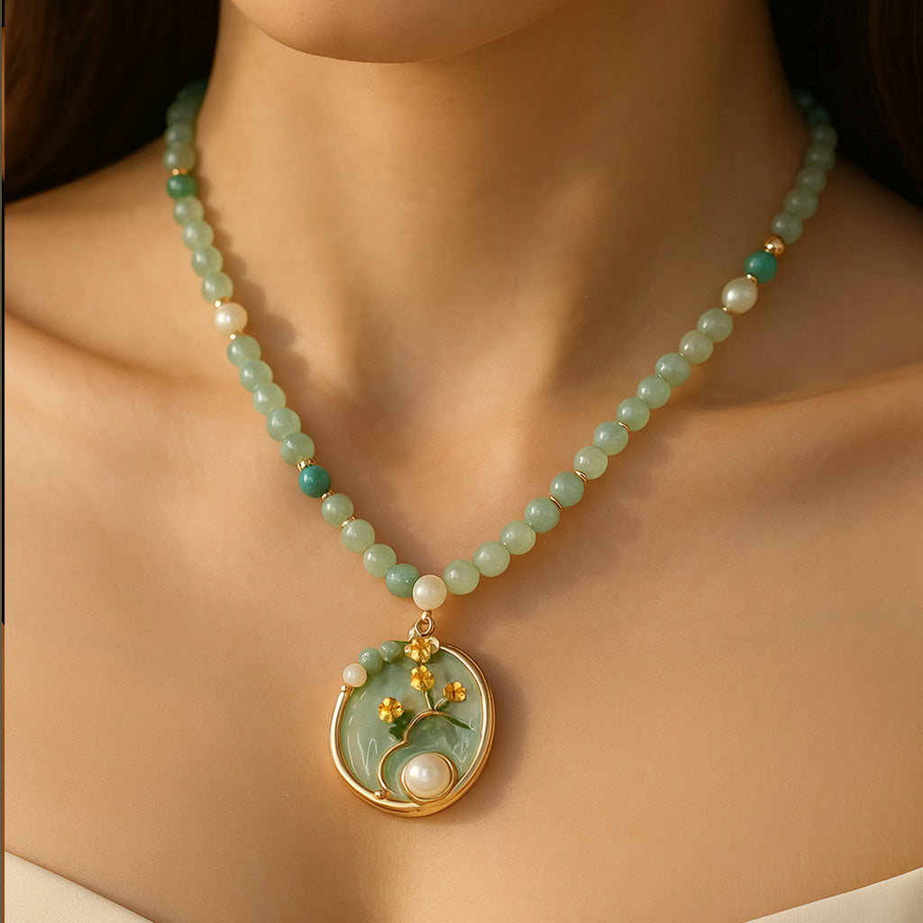 Floral Glazed Pendant Necklace – Elegant Floral Design with Jade, Pearls, and Turquoise Accents