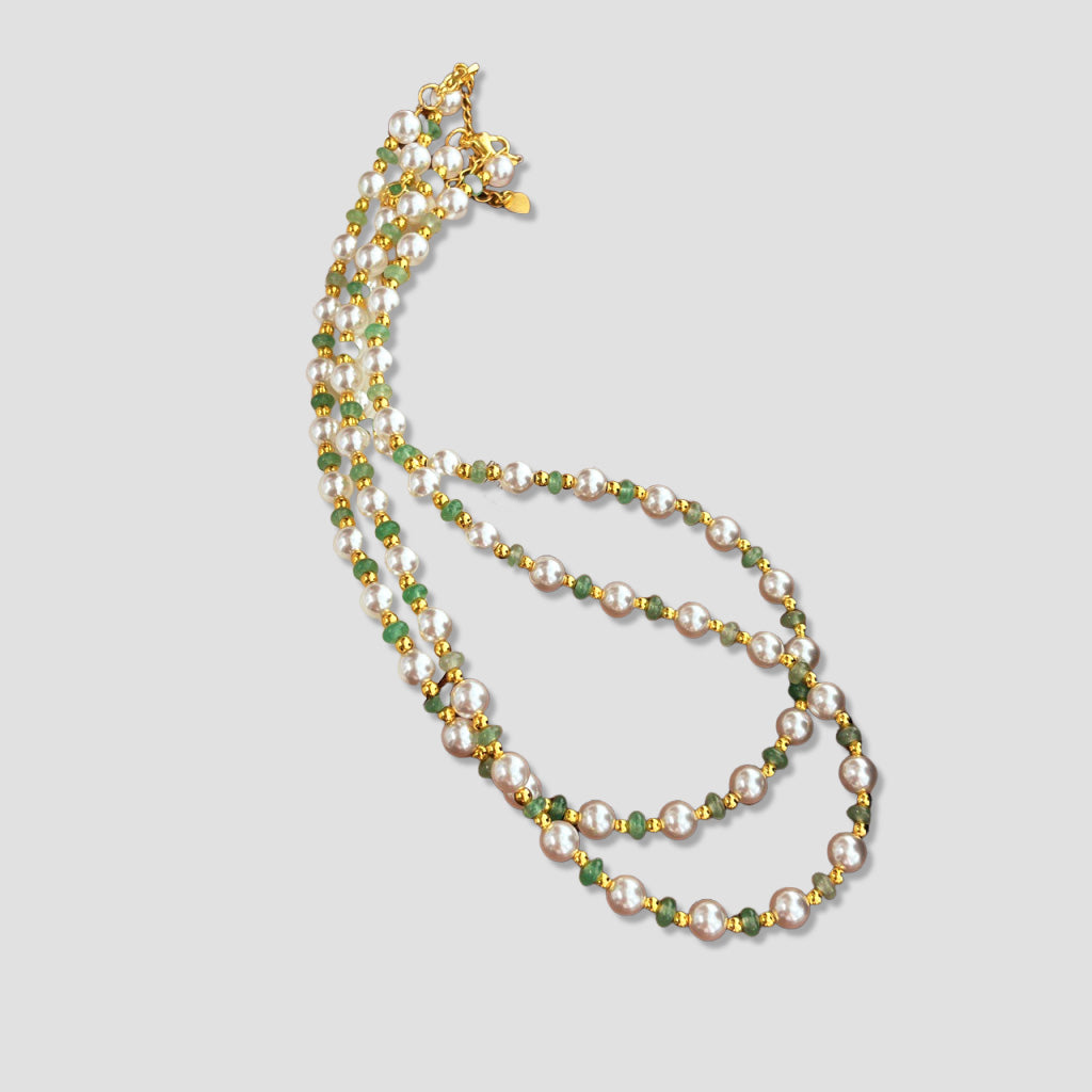 Vintage Cold White Pearl and Natural Aventurine Clavicle Necklace