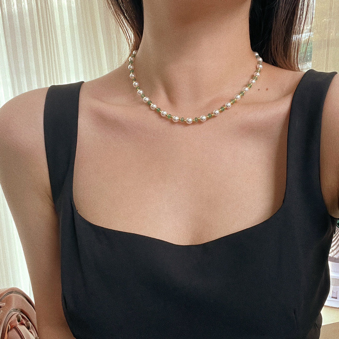 Vintage Cold White Pearl and Natural Aventurine Clavicle Necklace