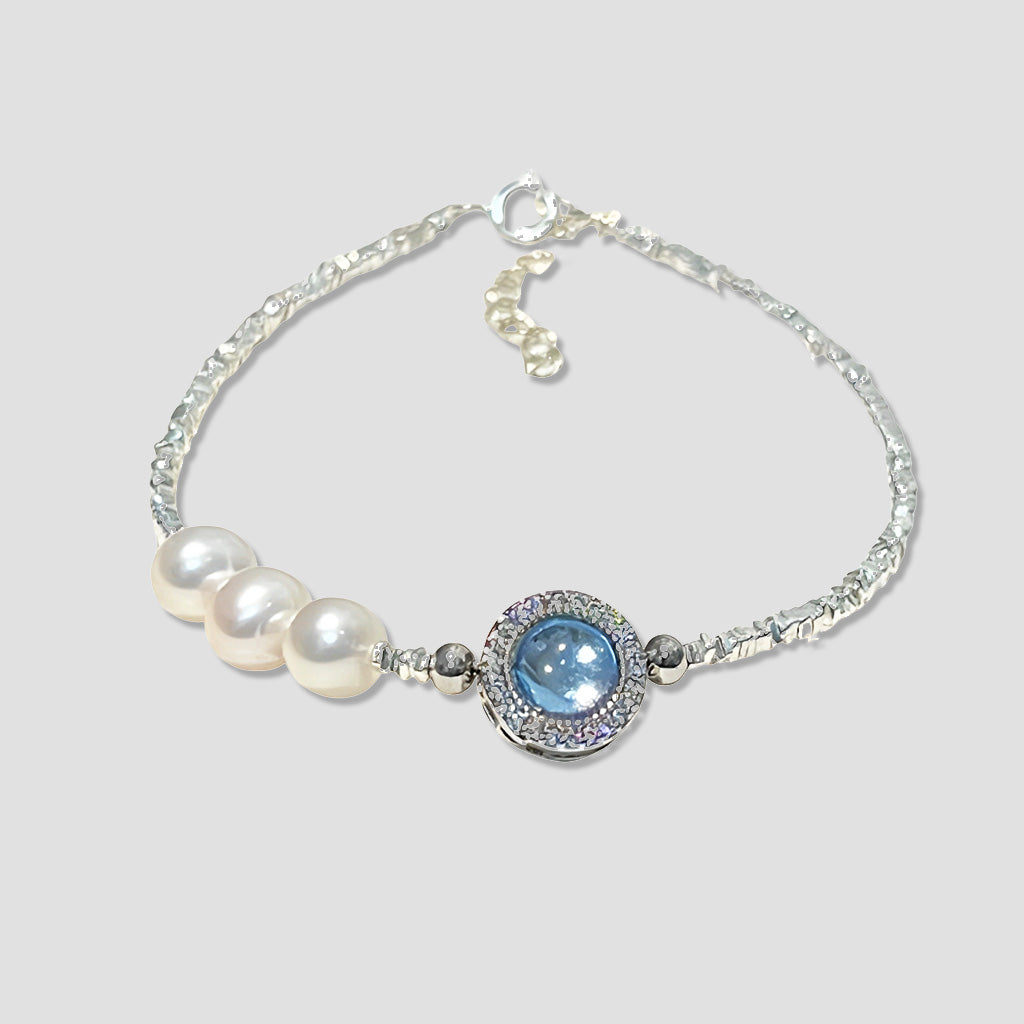 S925 Sterling Silver Natural Pearl Aquamarine Bracelet