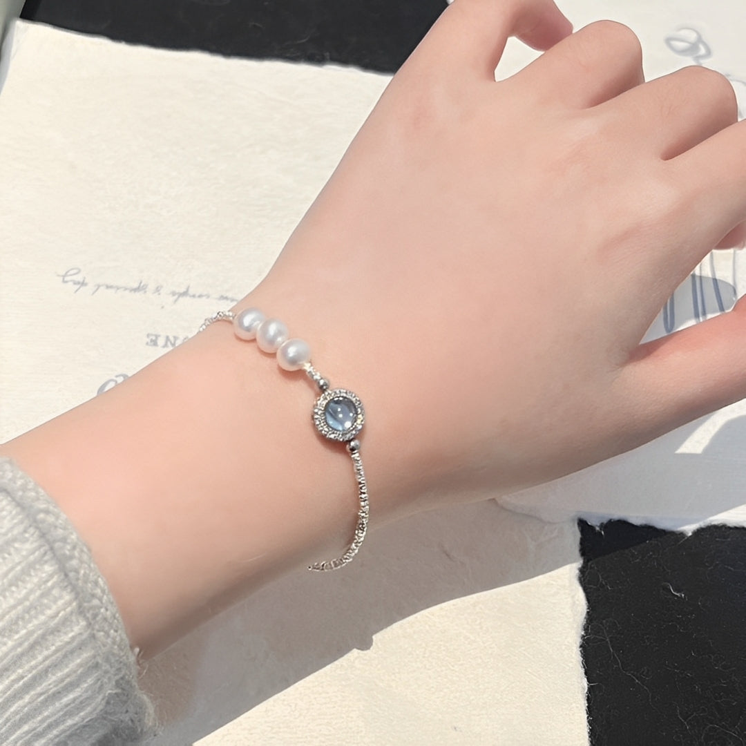 S925 Sterling Silver Natural Pearl Aquamarine Bracelet