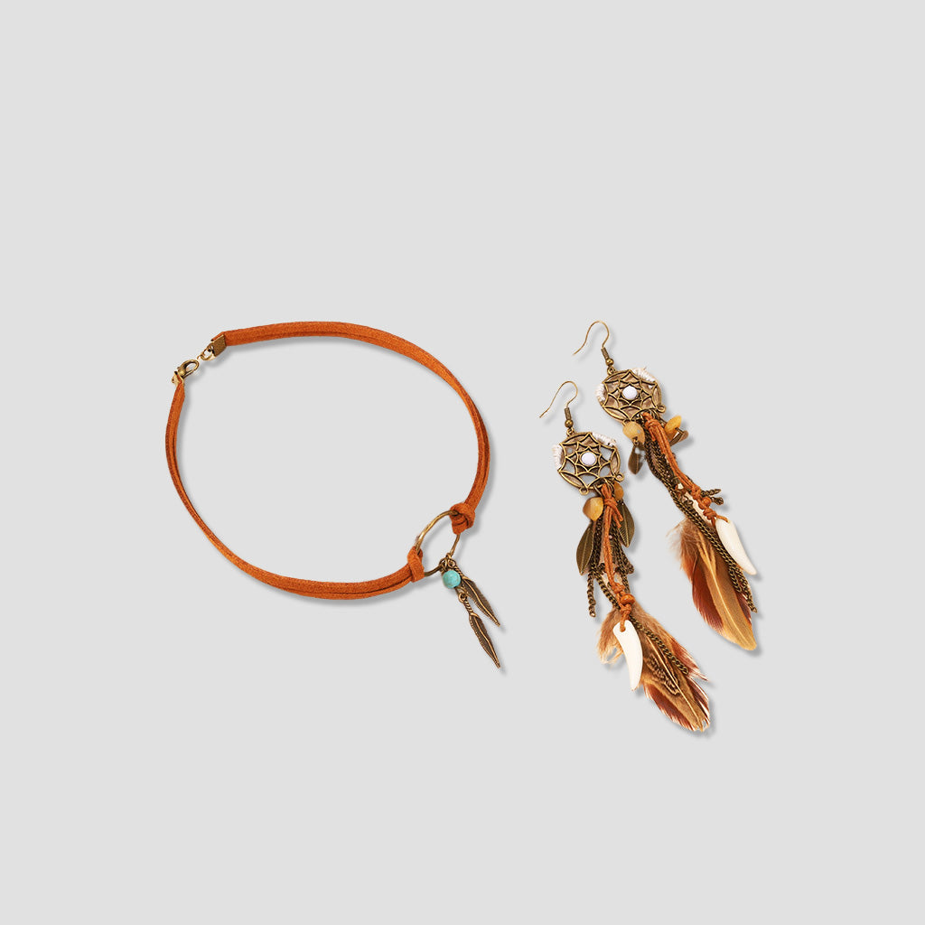 Vintage Dreamcatcher Earrings with Turquoise and Feather Tassels – Choker Included