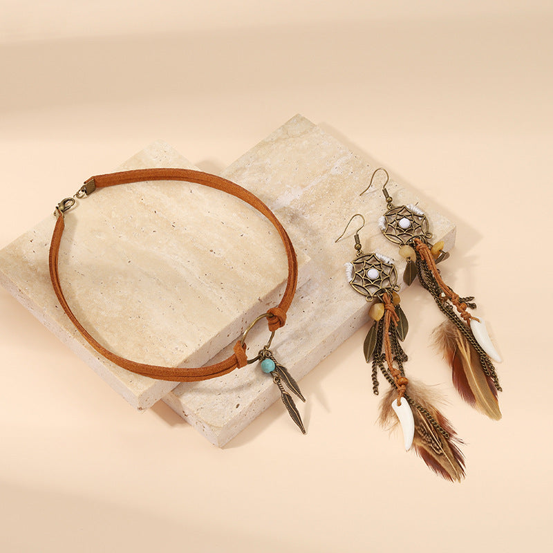 Vintage Dreamcatcher Earrings with Turquoise and Feather Tassels – Choker Included