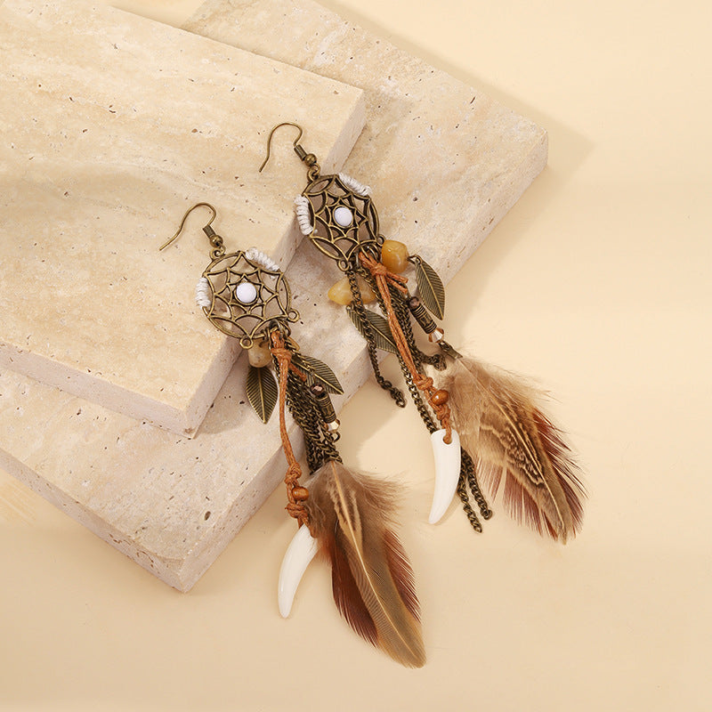 Vintage Dreamcatcher Earrings with Turquoise and Feather Tassels – Choker Included
