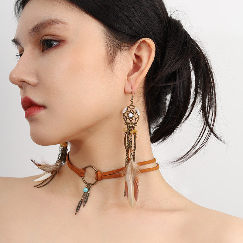 Vintage Dreamcatcher Earrings with Turquoise and Feather Tassels – Choker Included