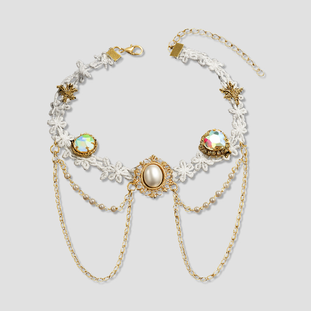 Vintage Pearl Tassel Choker – Elegant Waterfall of Pearls and Rhinestones