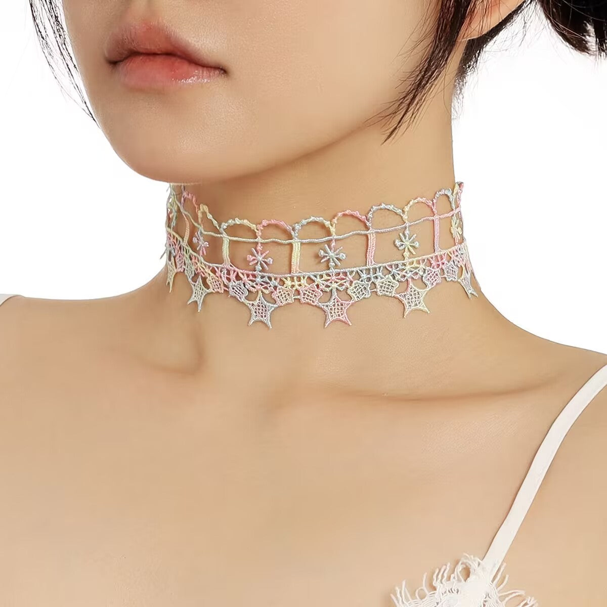 Monet’s Starry Floral Choker – A Rainbow of Pastels in Impressionist Lace