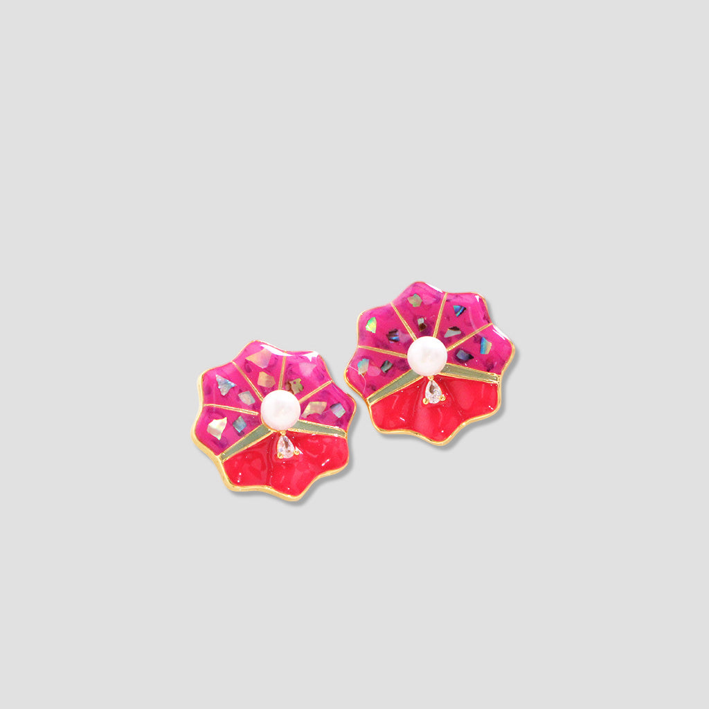 Enamel Flower Earrings – Pink Floral Design with Pearl and Crystal Detailing