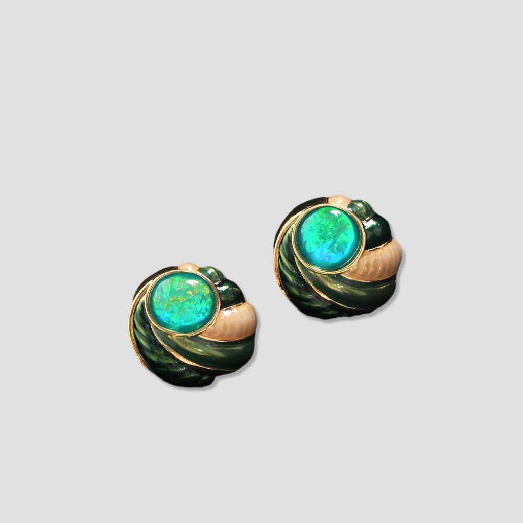 Green Opal Enamel Earrings – Swirling Shell Design with a Touch of Gold