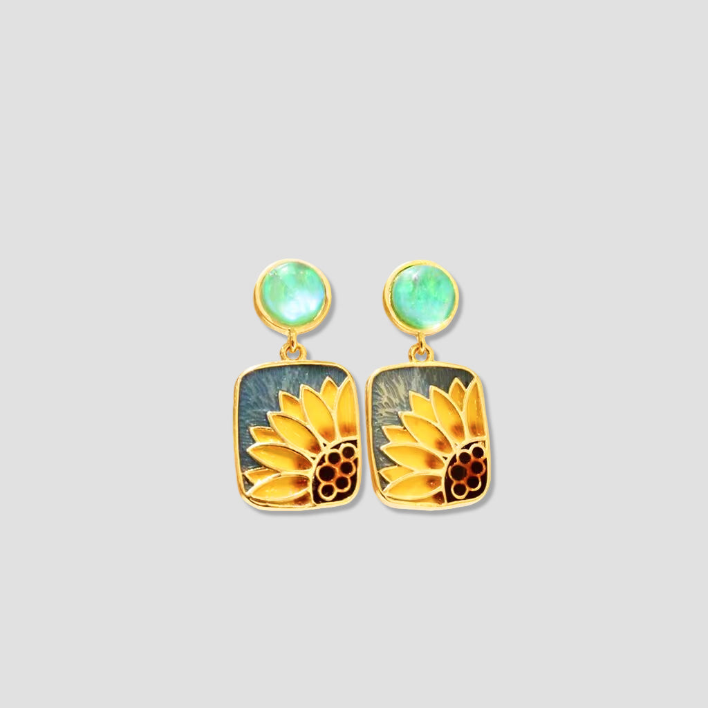 Enamel Sunflower Earrings – Artistic Floral Design with Opal Accents