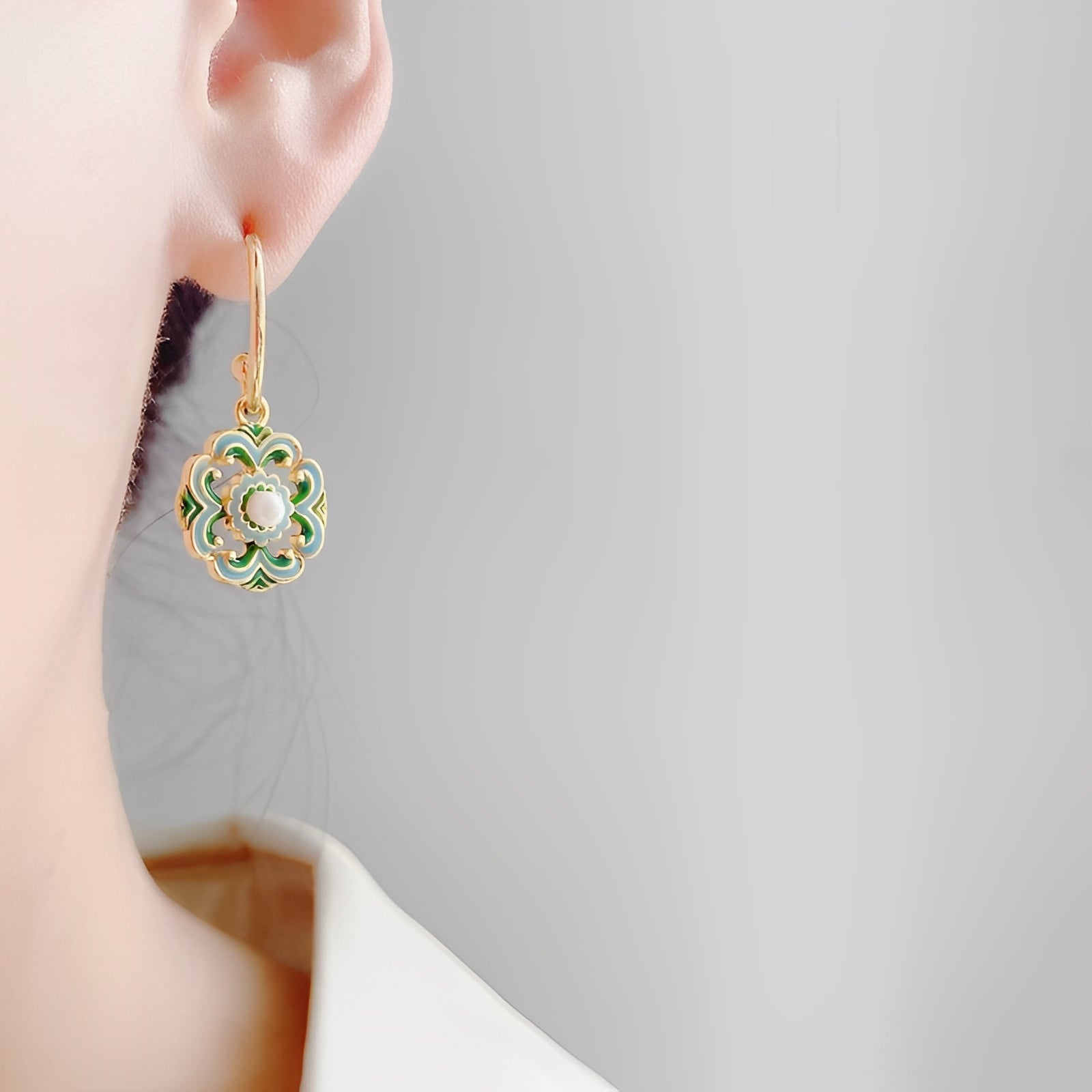 Enamel Flower Earrings – Monet-Inspired with Pearl Detail, Artistic and Elegant