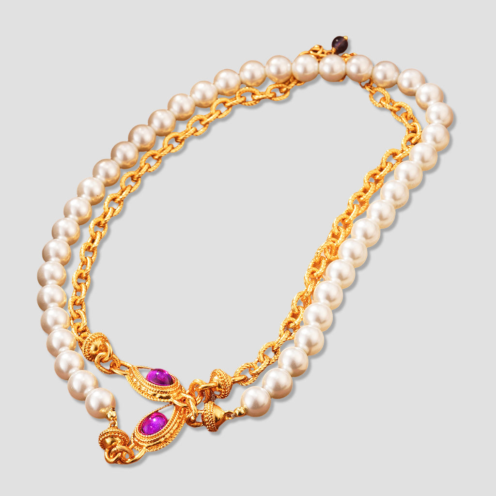 Luxurious Gold-Plated Pearl & Amethyst Statement Necklace