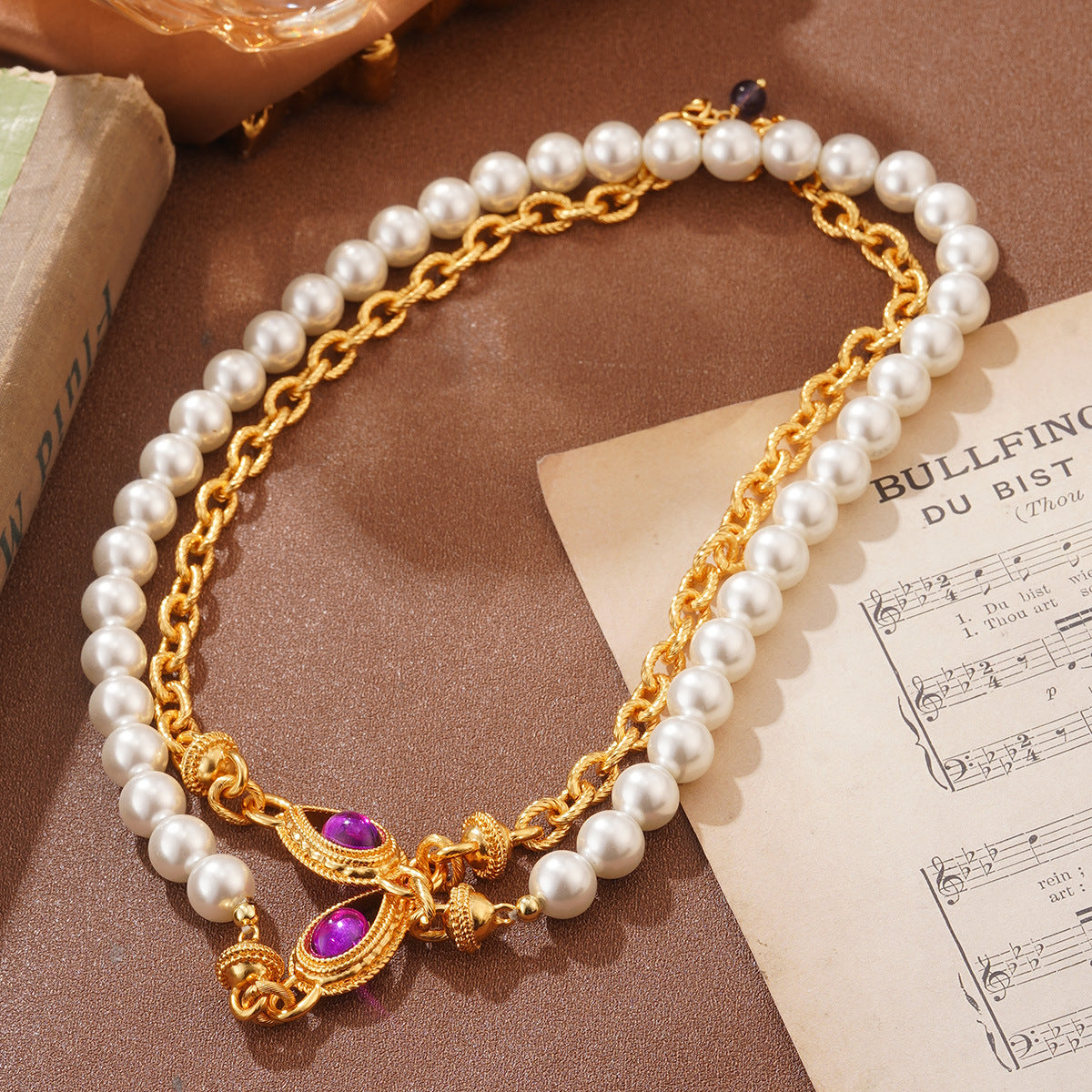 Luxurious Gold-Plated Pearl & Amethyst Statement Necklace