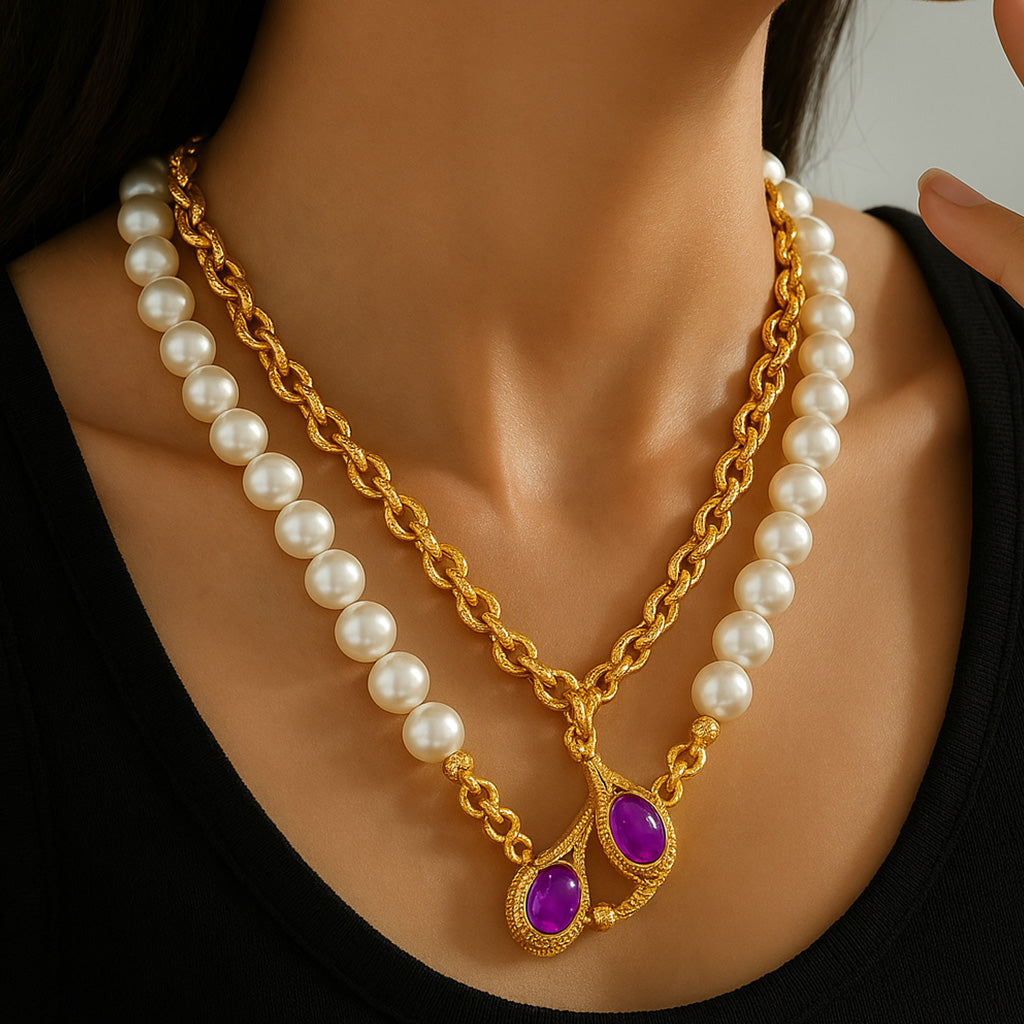 Luxurious Gold-Plated Pearl & Amethyst Statement Necklace