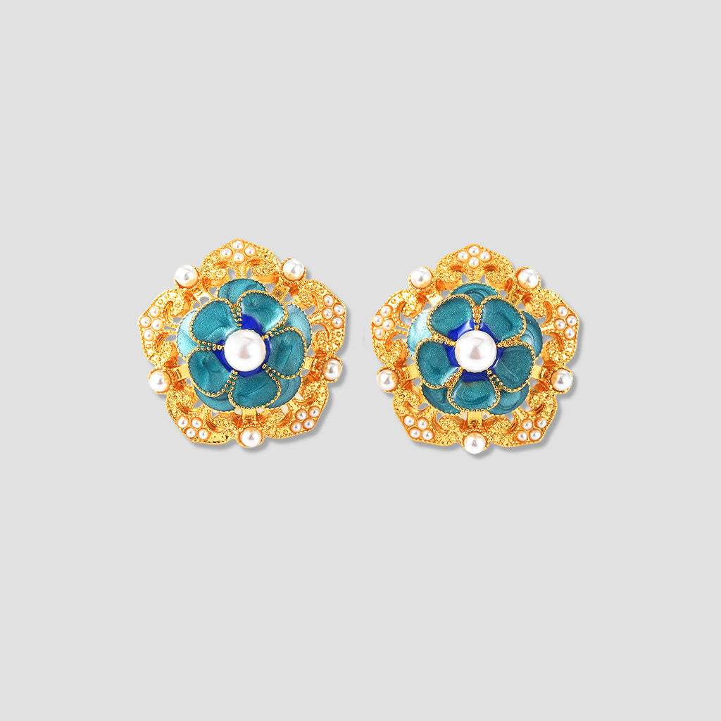 Vintage Enamel Flower Pearl Earrings
