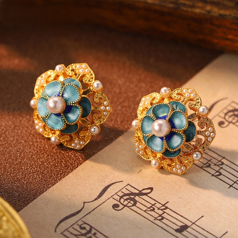 Vintage Enamel Flower Pearl Earrings