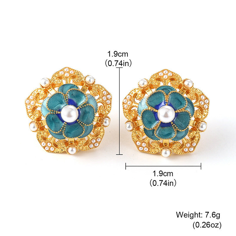 Vintage Enamel Flower Pearl Earrings