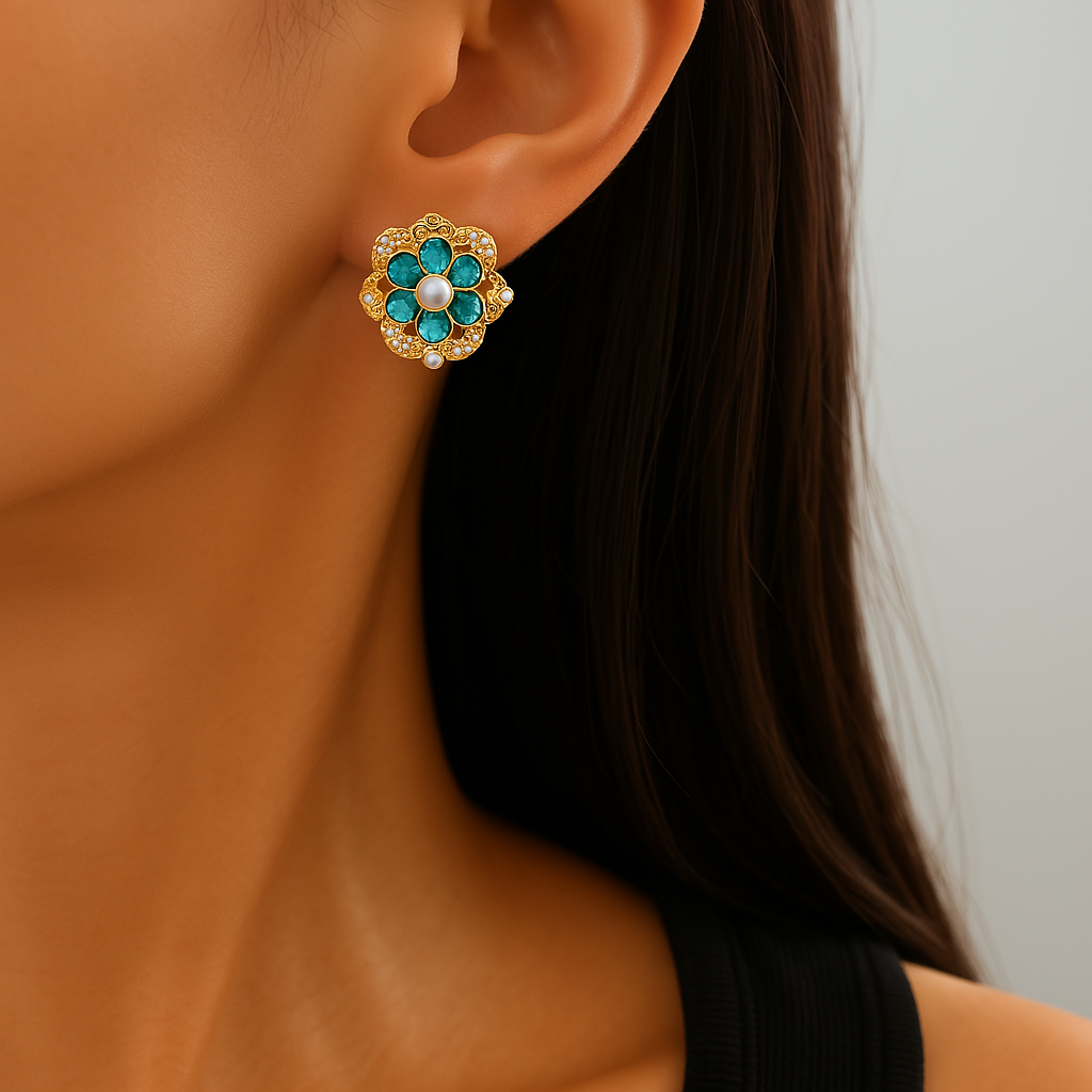 Vintage Enamel Flower Pearl Earrings